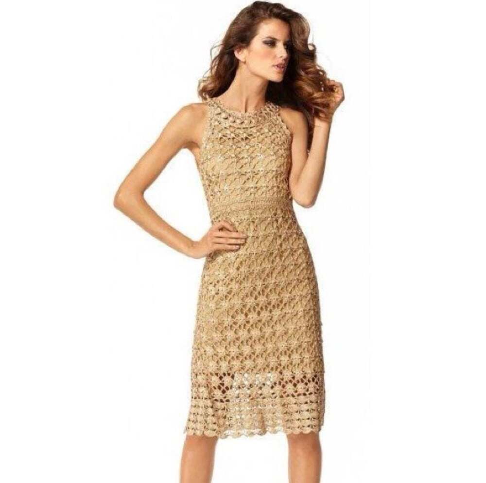 Diane von Furstenberg Adie Gold Metallic Crochet Sheath Dress